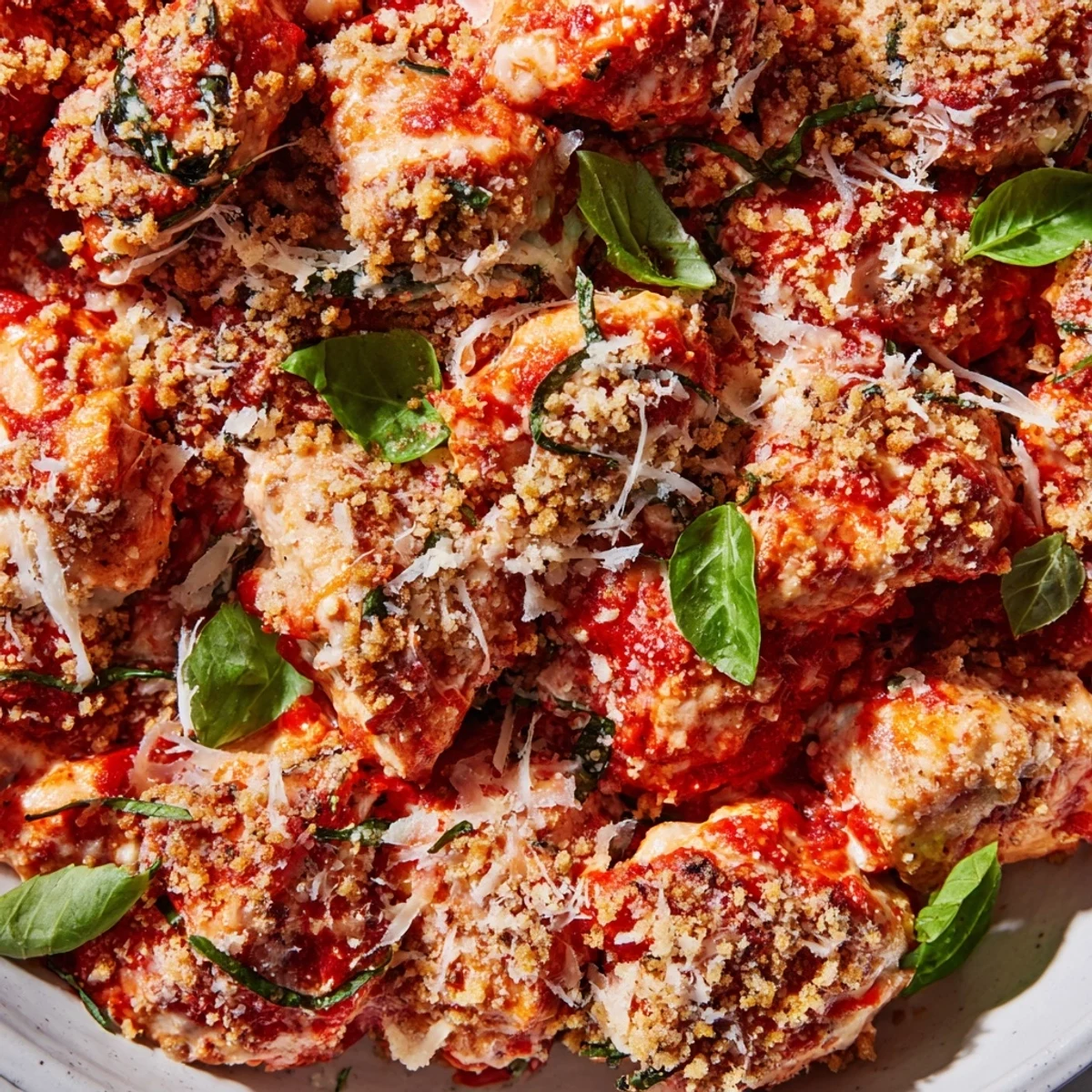 High protein chicken Parm cottage cheese bowl with melted mozzarella and toasted breadcrumbs