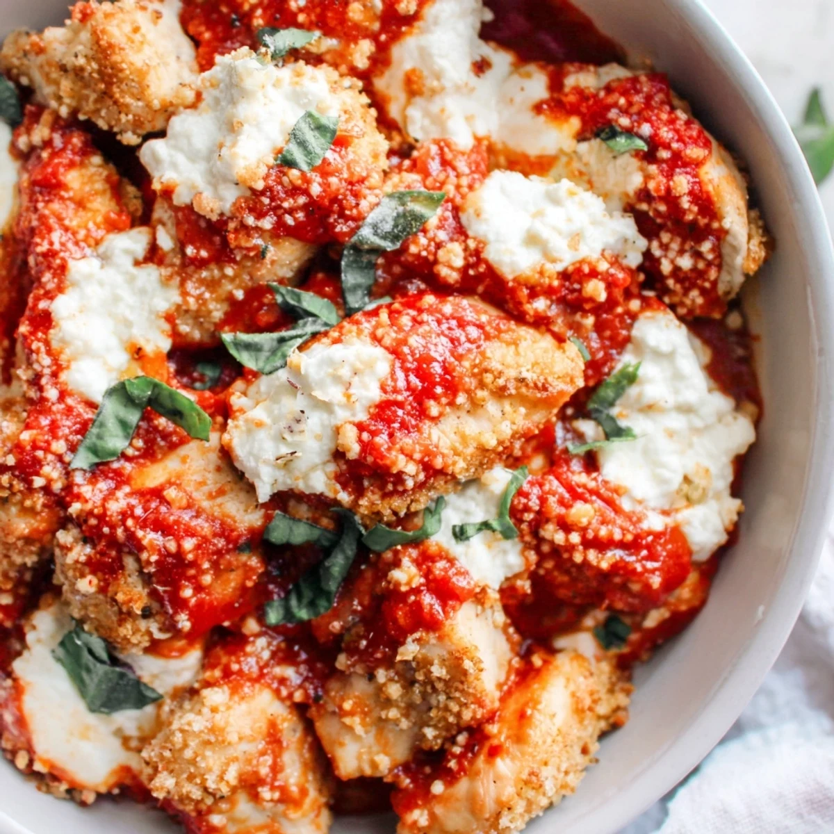 Golden baked chicken Parm cottage cheese bowl garnished with fresh basil and marinara