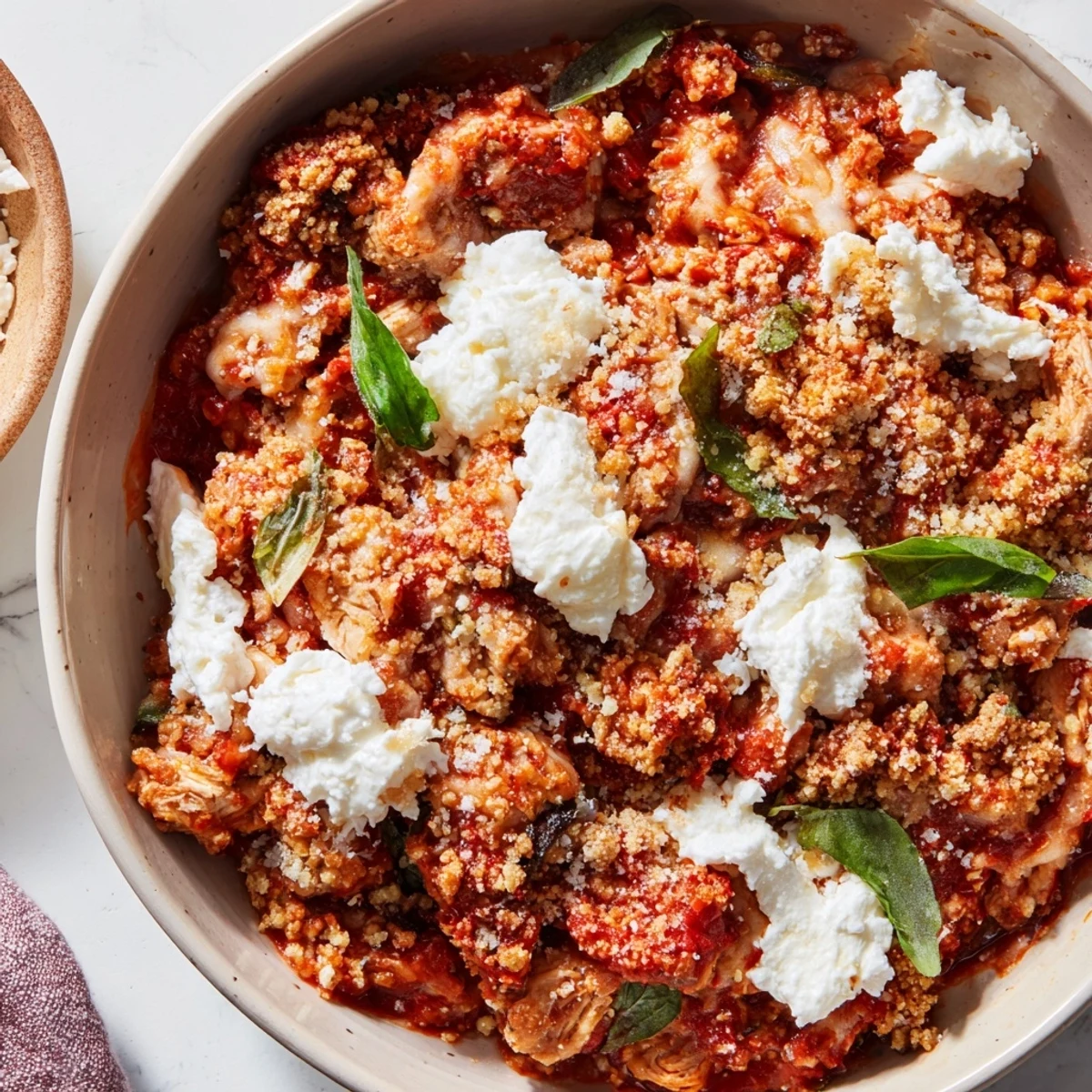 Crispy topped high protein chicken Parm cottage cheese bowl ready for serving