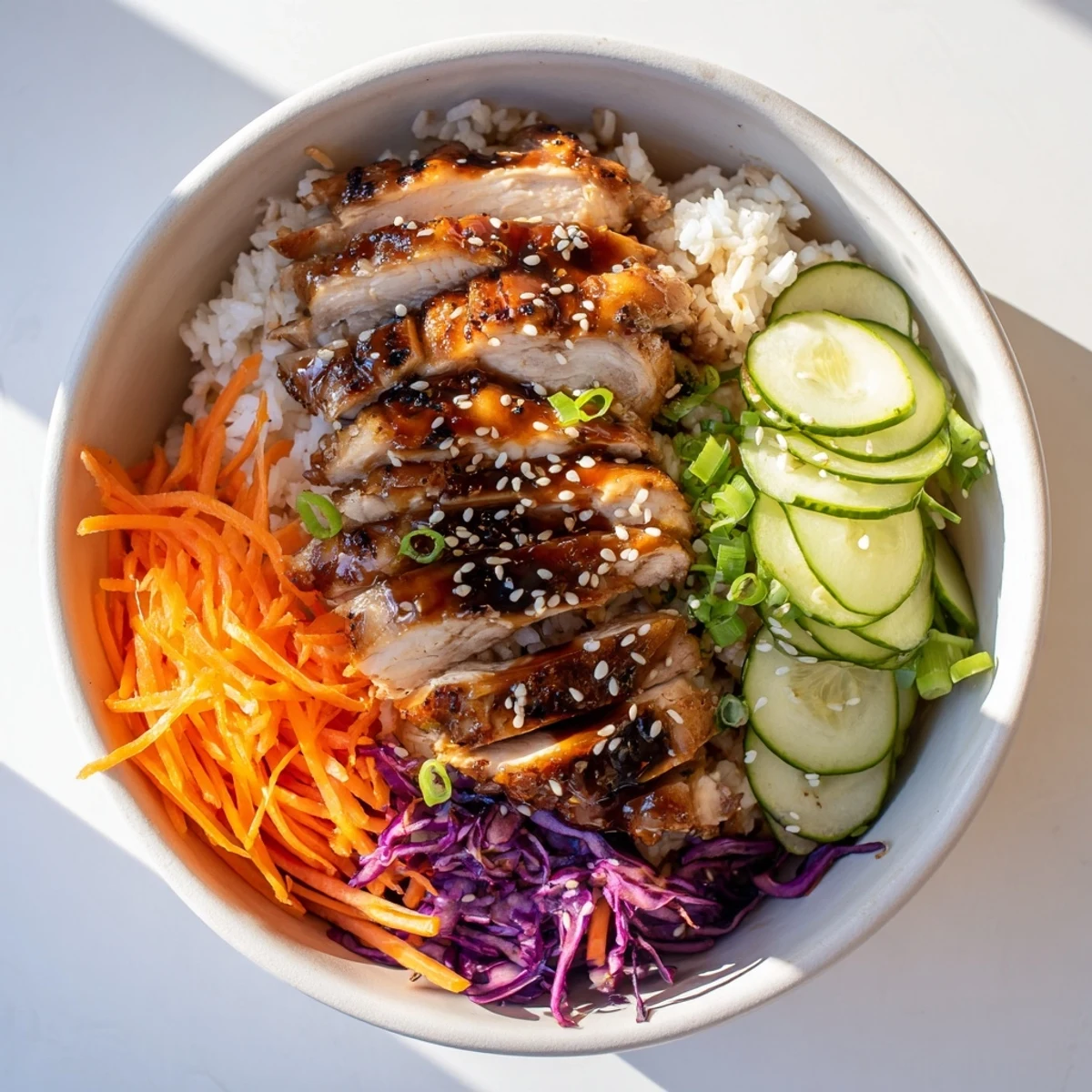 Korean BBQ chicken bowl featuring glazed grilled thighs over fluffy rice with crisp vegetables