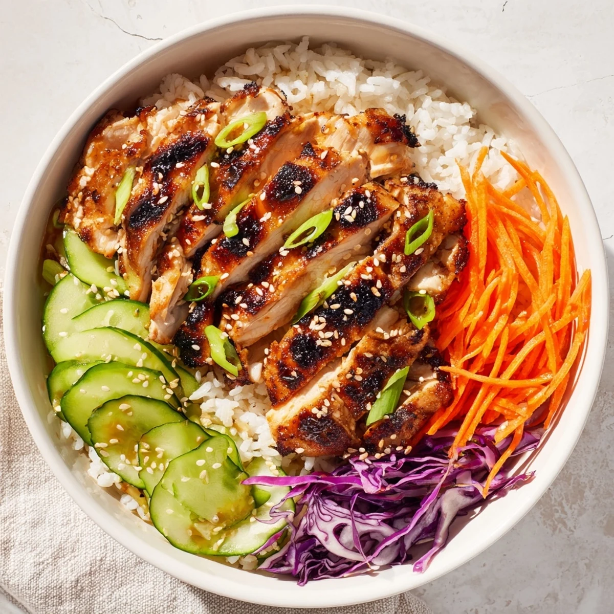 Vibrant Korean BBQ chicken bowl with juicy meat, colorful veggies, and nutty sesame garnish