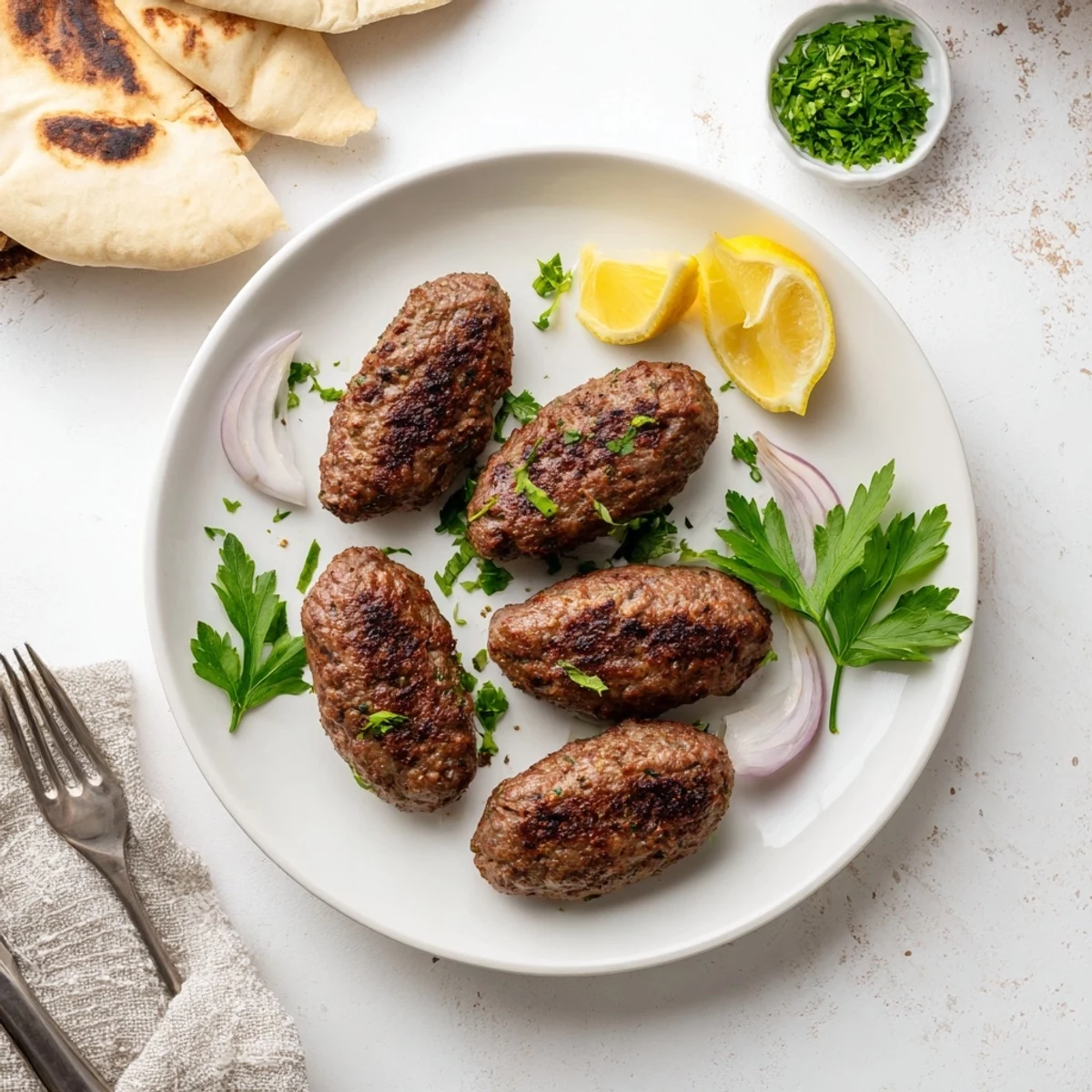 Golden grilled Lebanese kafta kebabs seasoned with aromatic spices served with fresh parsley