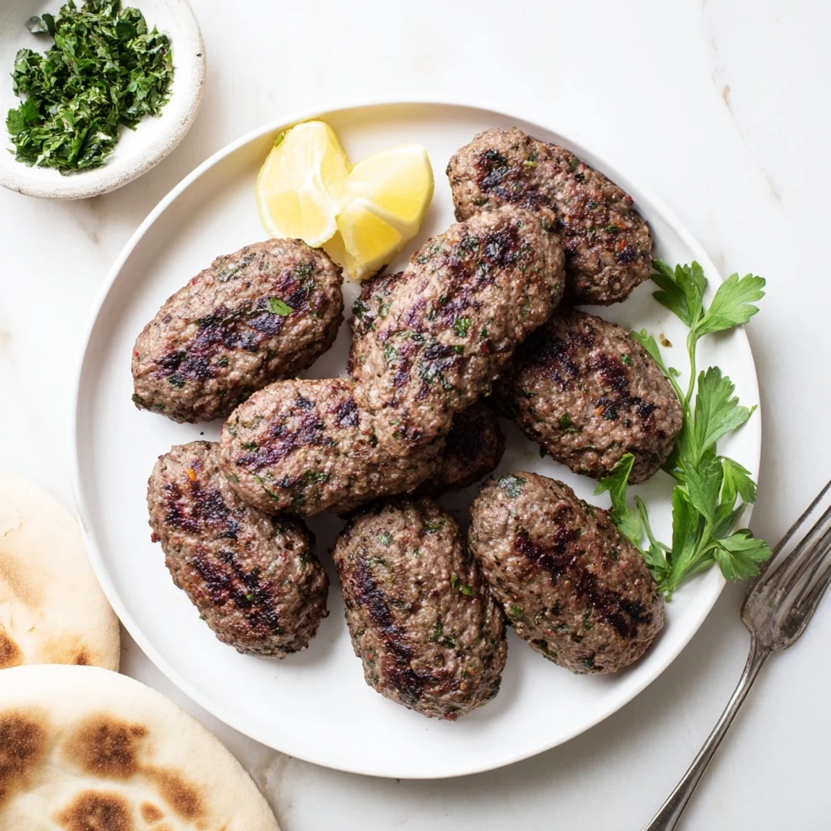 Easy Lebanese kafta recipe showcasing perfectly browned meat skewers alongside lemon wedges and pita