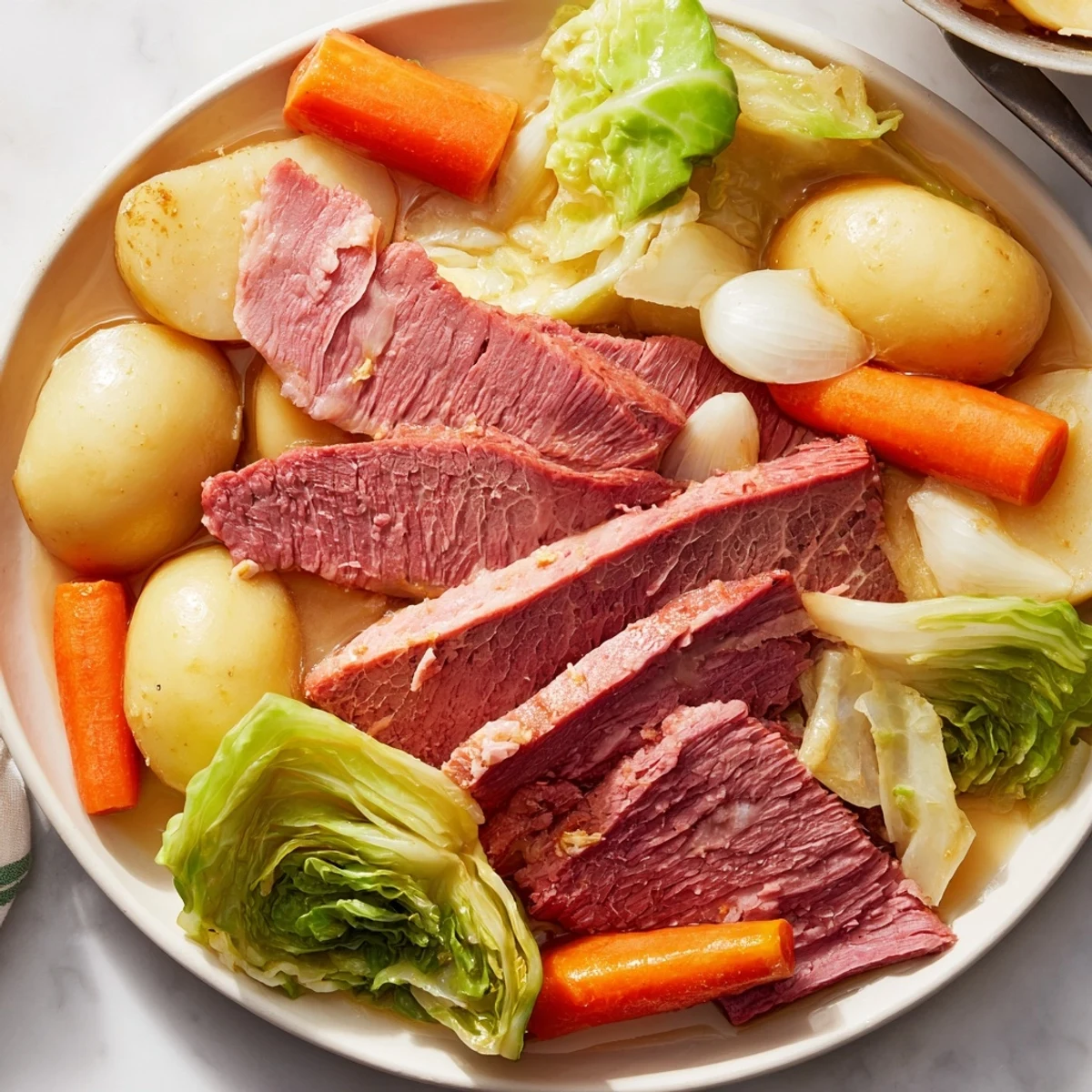 Golden corned beef brisket with tender cabbage, carrots, and potatoes in a rich slow cooker broth
