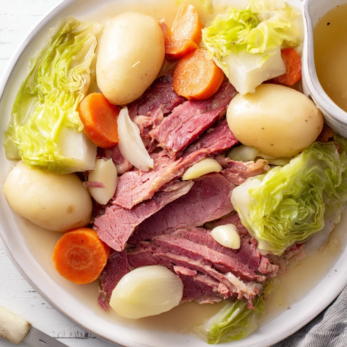 Sliced cozy slow cooker corned beef cabbage plated with root vegetables and ladled cooking juices