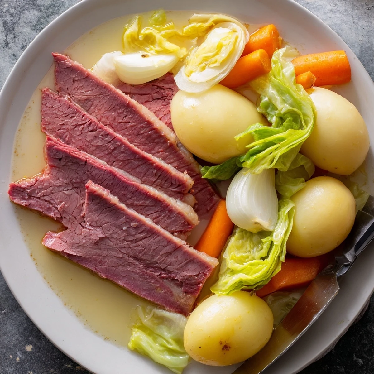 Hearty corned beef and cabbage dinner featuring melt-in-your-mouth beef alongside colorful slow-cooked vegetables