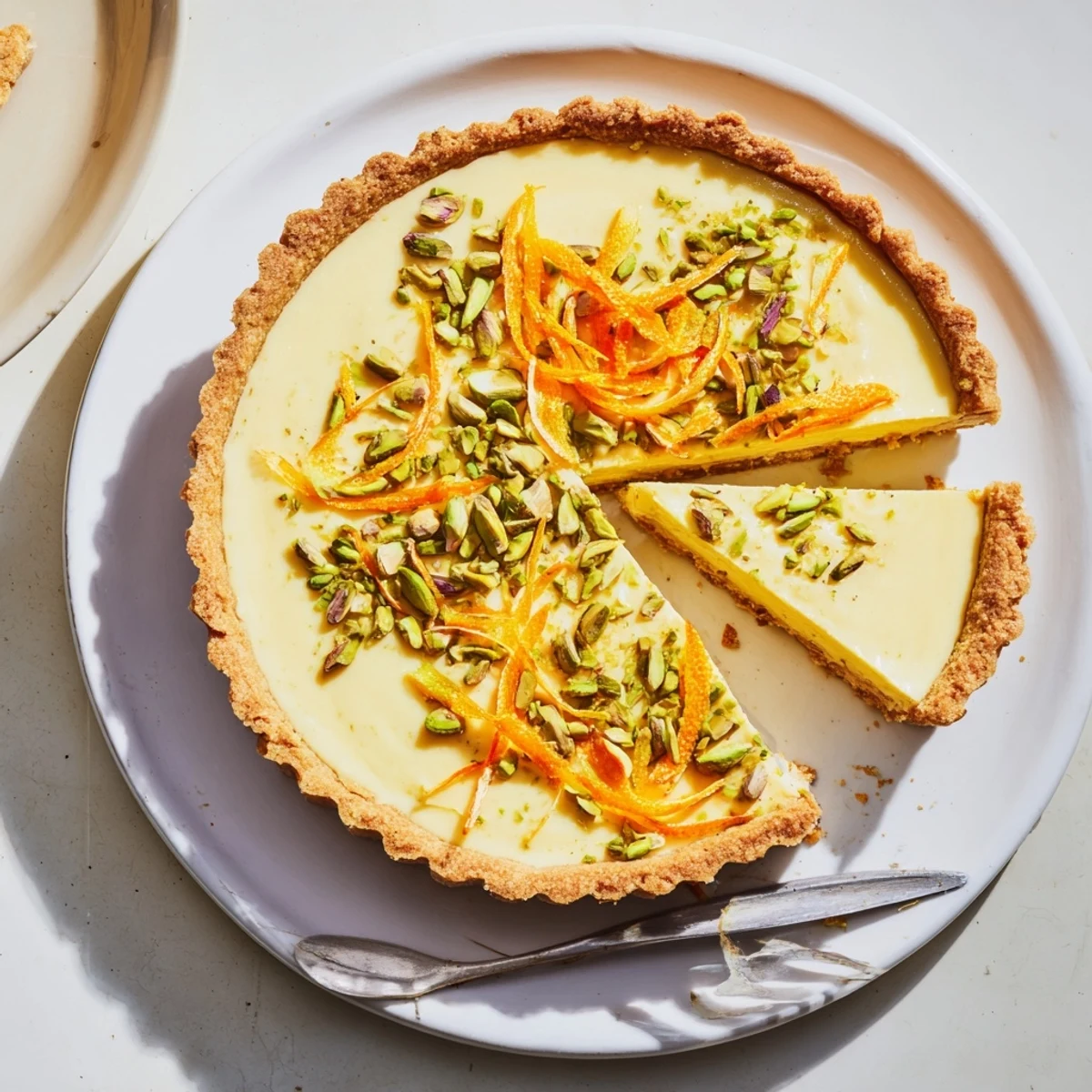 Elegant dessert slice showcasing smooth orange cardamom custard baked inside a buttery green pistachio pastry crust