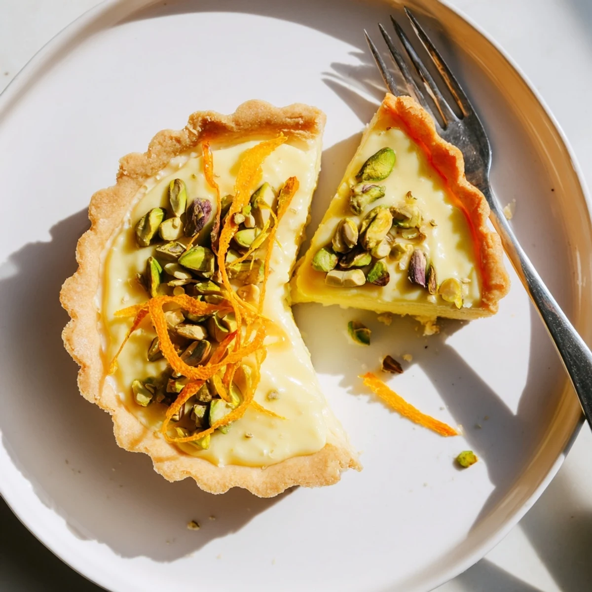 Golden orange cardamom tart with creamy citrus filling in a crisp pistachio crust garnished with chopped nuts and fresh zest