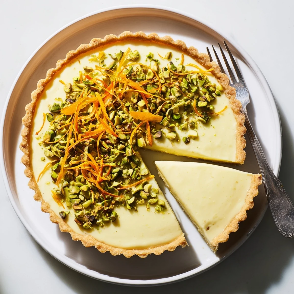 Creamy orange cardamom tart nestled in a nutty pistachio crust topped with vibrant pistachios and citrus zest