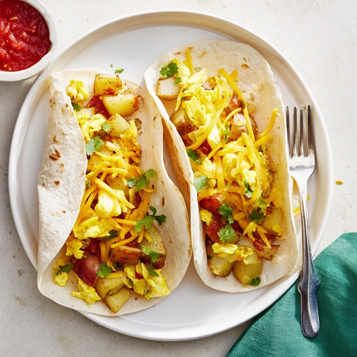 Golden potato egg cheese breakfast tacos loaded with fluffy scrambled eggs and melted cheddar