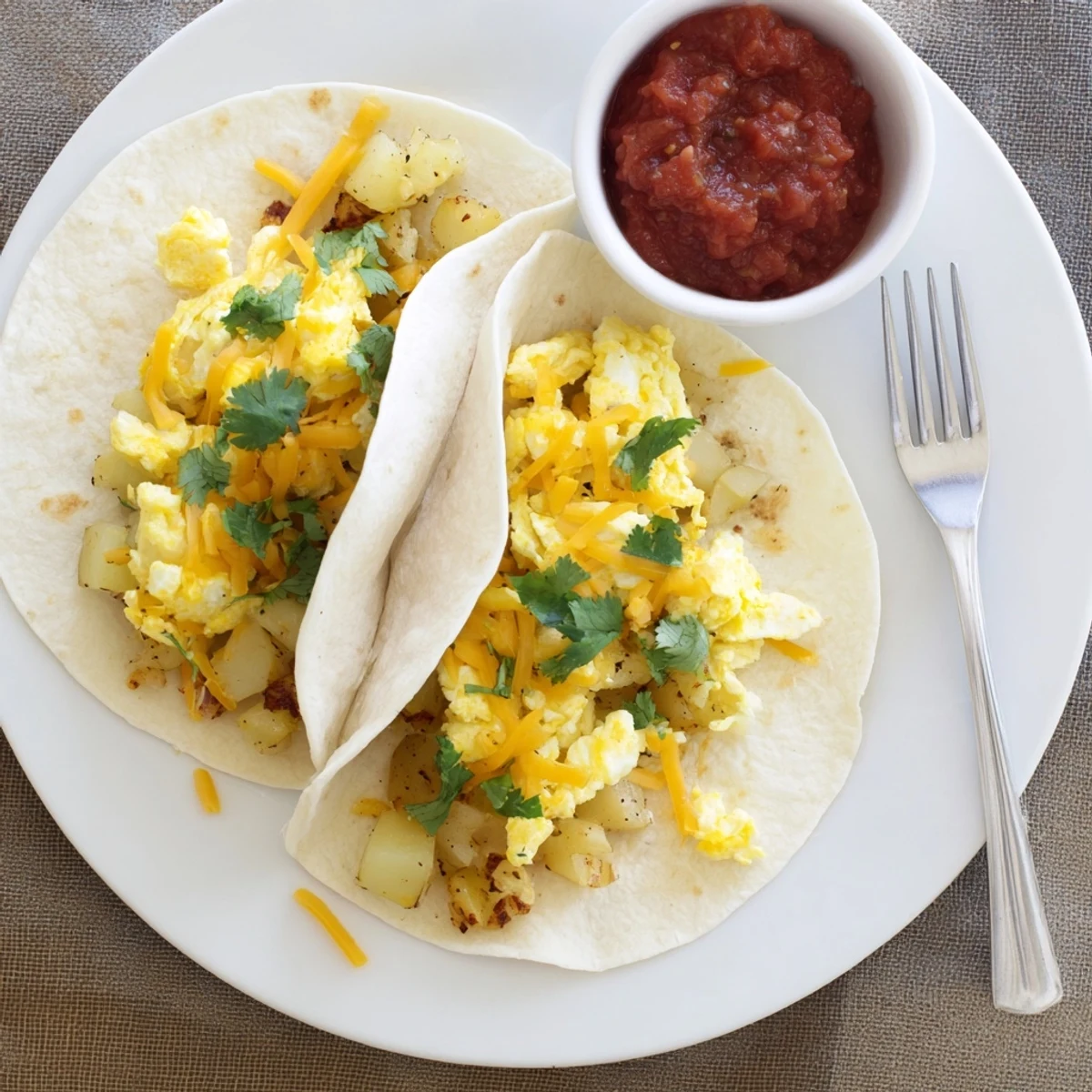 Hearty potato egg cheese breakfast tacos topped with fresh cilantro and vibrant salsa