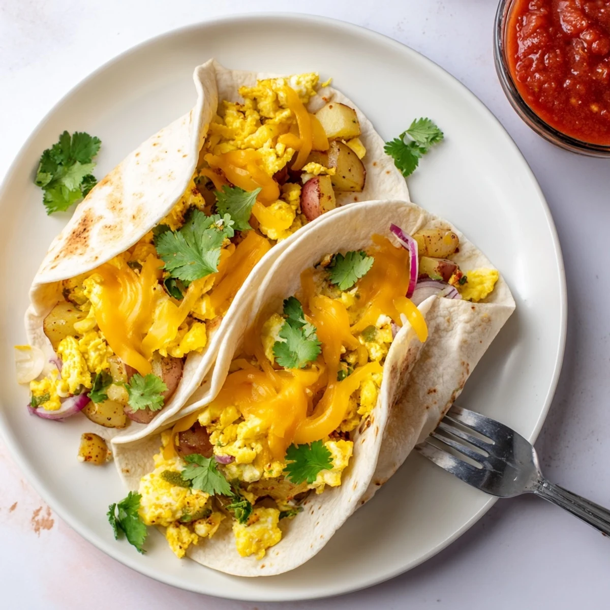 Warm flour tortillas stuffed with crispy potatoes, scrambled eggs, and gooey melted cheese