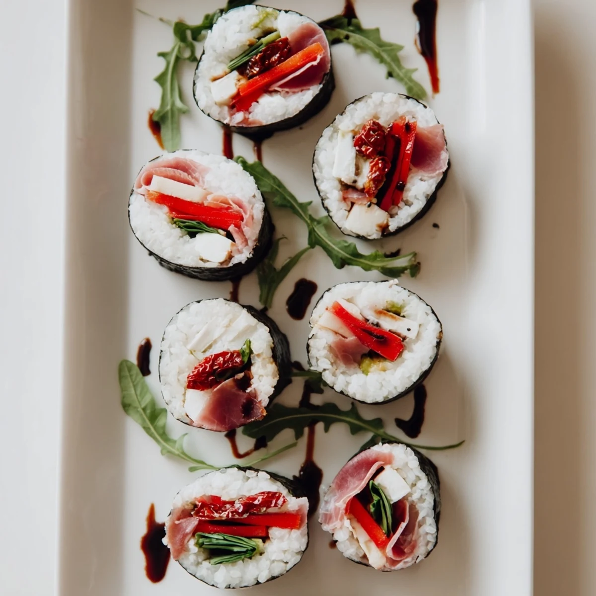 Fusion Italian sushi rolls arranged on platter with mozzarella, sun-dried tomatoes, and drizzled balsamic glaze