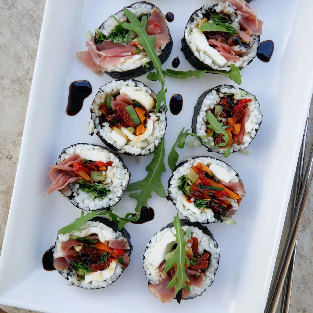 Colorful Italian sushi rolls featuring prosciutto, fresh mozzarella, roasted peppers, and basil wrapped in nori