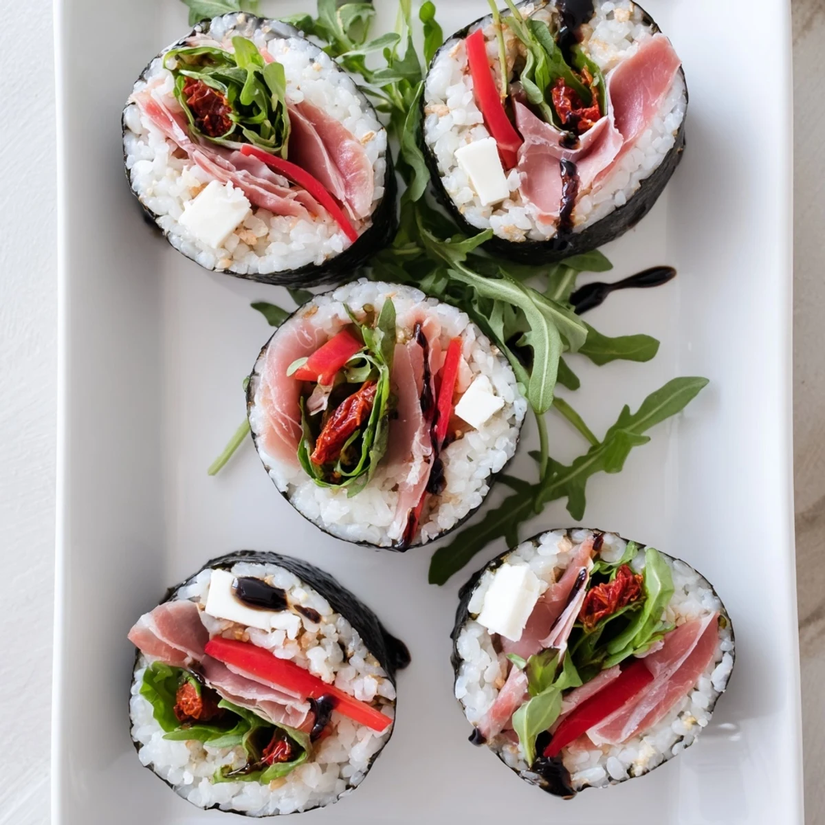 Close-up of Italian sushi pieces showcasing prosciutto, roasted red peppers, and fresh arugula layers