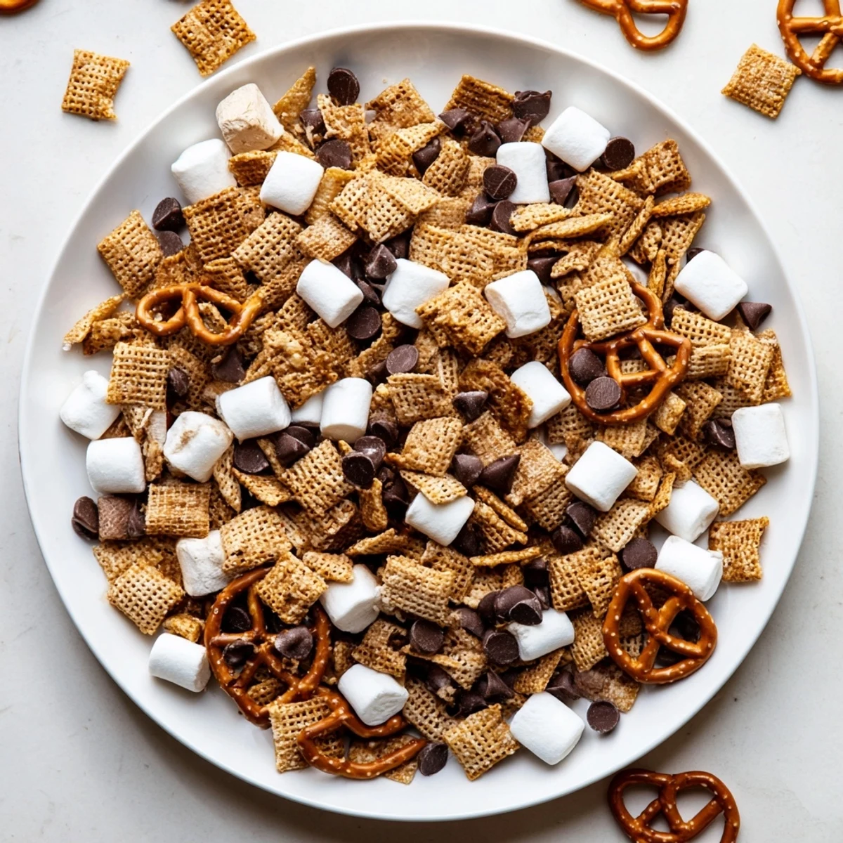 Golden brown S'mores Snack Mix with melted chocolate, marshmallows, and pretzels in a bowl.