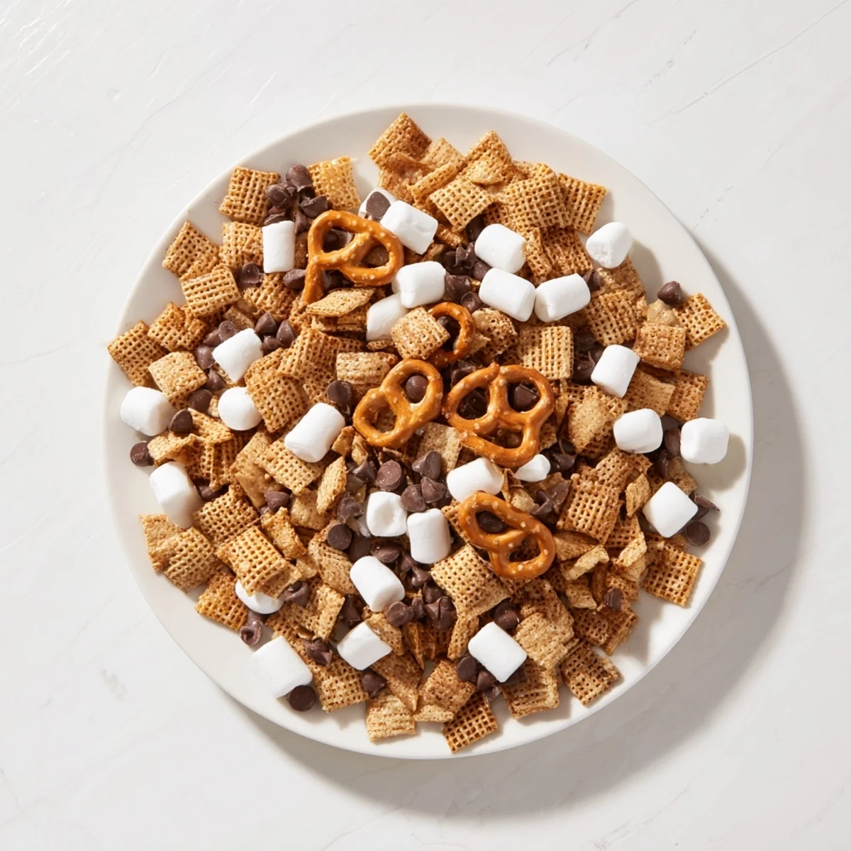 Colorful S'mores Snack Recipe displaying chocolate chips, mini marshmallows, and crunchy graham cereal.