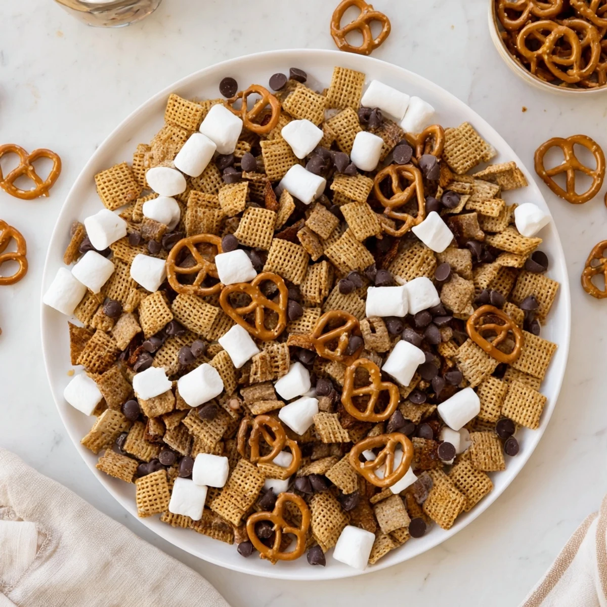 Sweet S'mores Snack Mix layered with marshmallows and pretzels on a rustic wooden board.