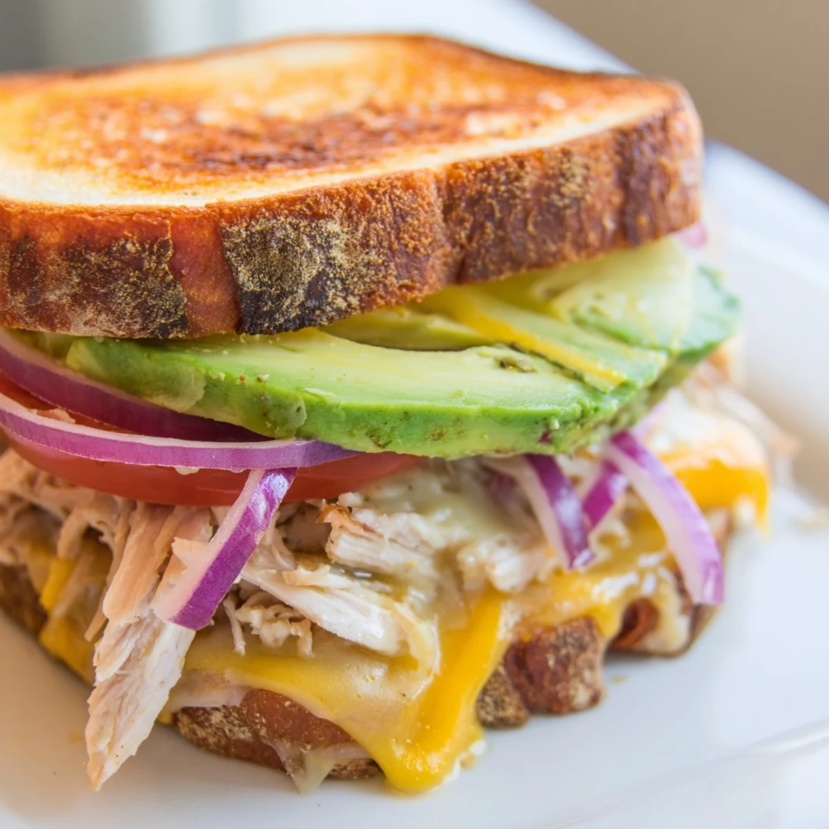 Golden toasted chicken avocado melt sandwich with gooey melted cheese and fresh sliced tomato
