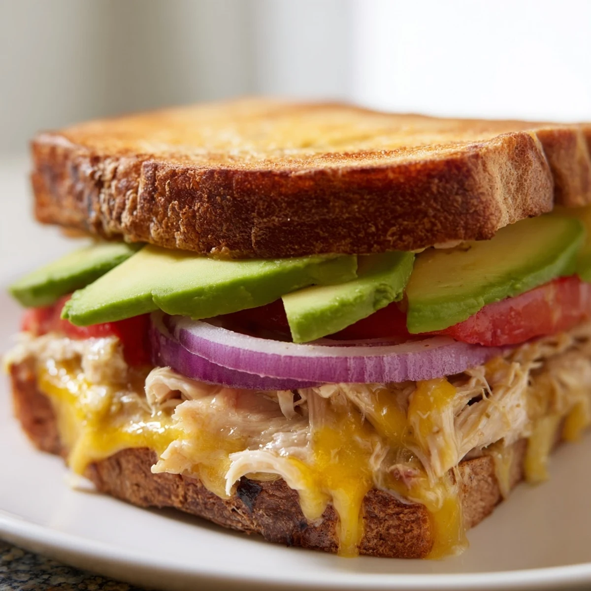 Open-faced chicken avocado melt sandwich layered with creamy avocado and melted cheddar on sourdough