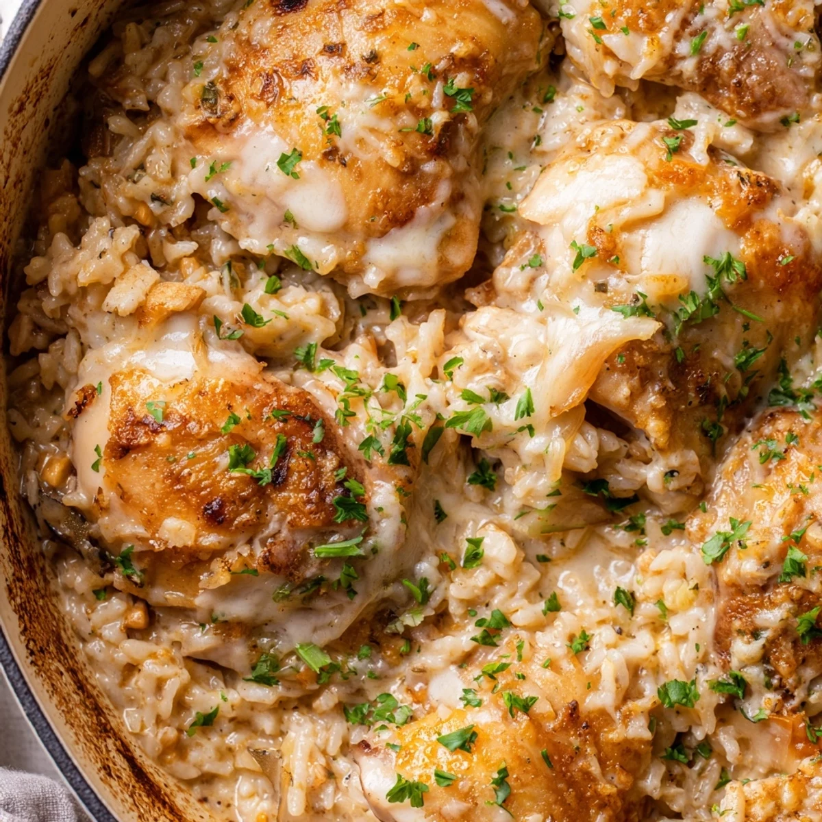 Golden baked angel chicken with rice in a creamy Parmesan sauce topped with fresh parsley