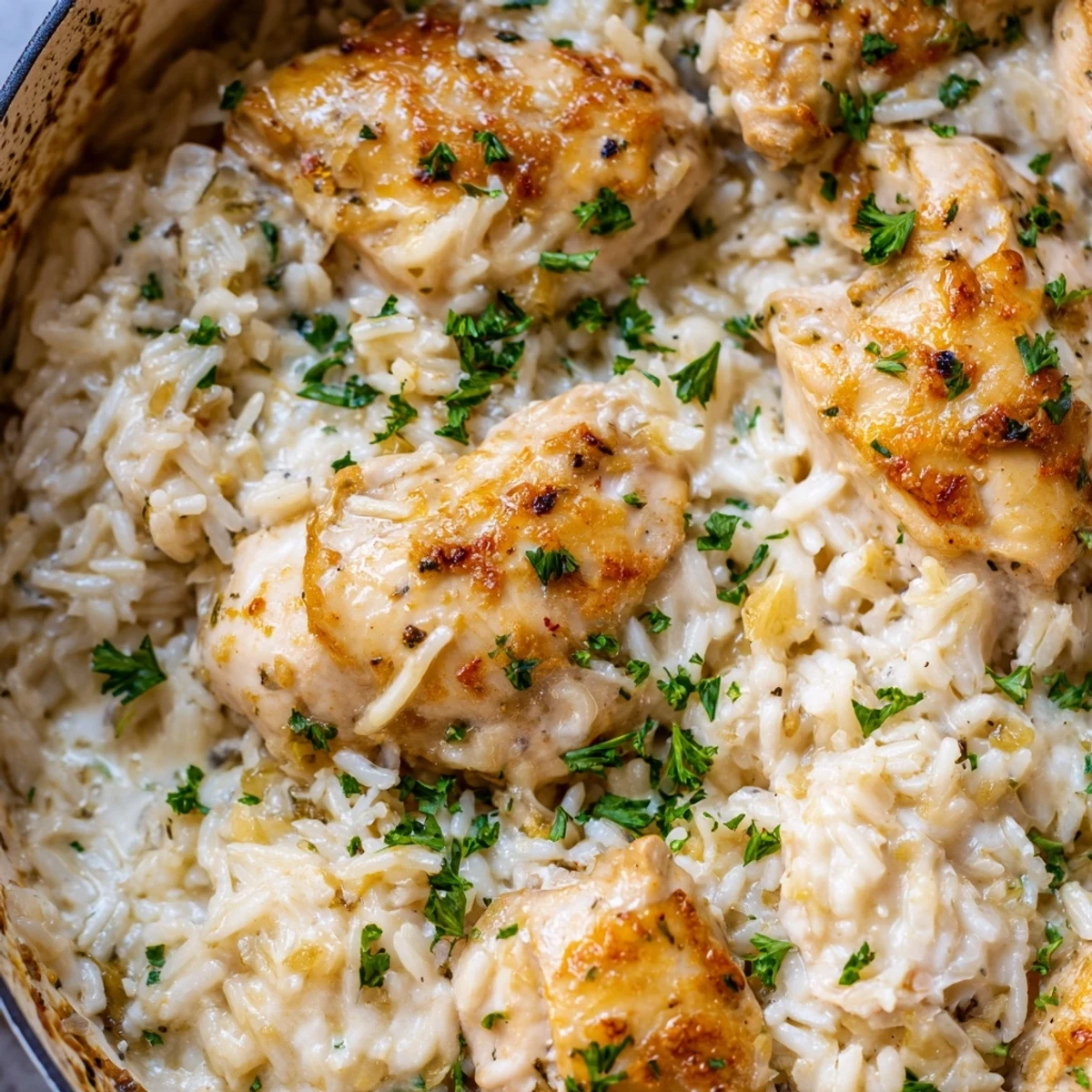 One pot creamy chicken and rice bake bubbling with melted cheese and savory herbs