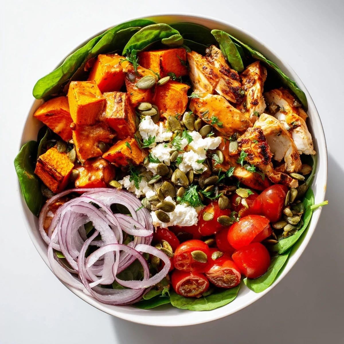 Golden glazed maple Dijon chicken sliced over colorful roasted sweet potato bowls with fresh spinach