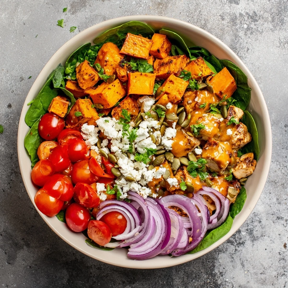 Healthy meal prep bowl featuring juicy maple Dijon chicken beside tender roasted sweet potatoes and vegetables