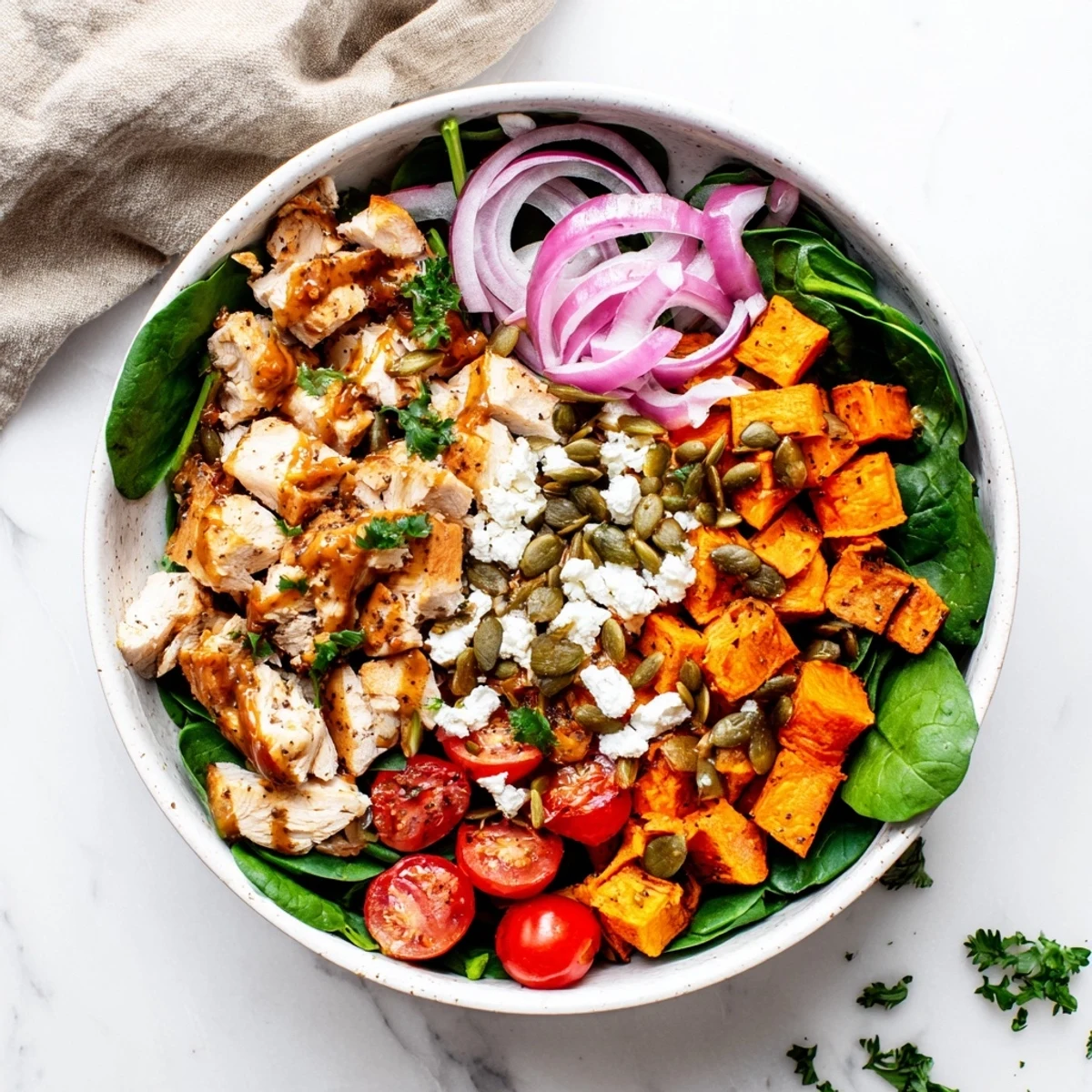 Complete wholesome dinner with maple glazed chicken breast, roasted sweet potato cubes, and crisp leafy greens