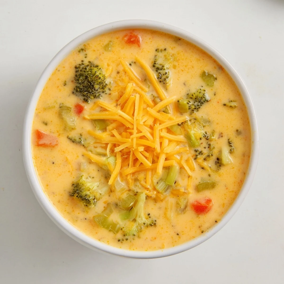 Creamy slow cooker broccoli cheddar soup served in white bowl with crusty bread
