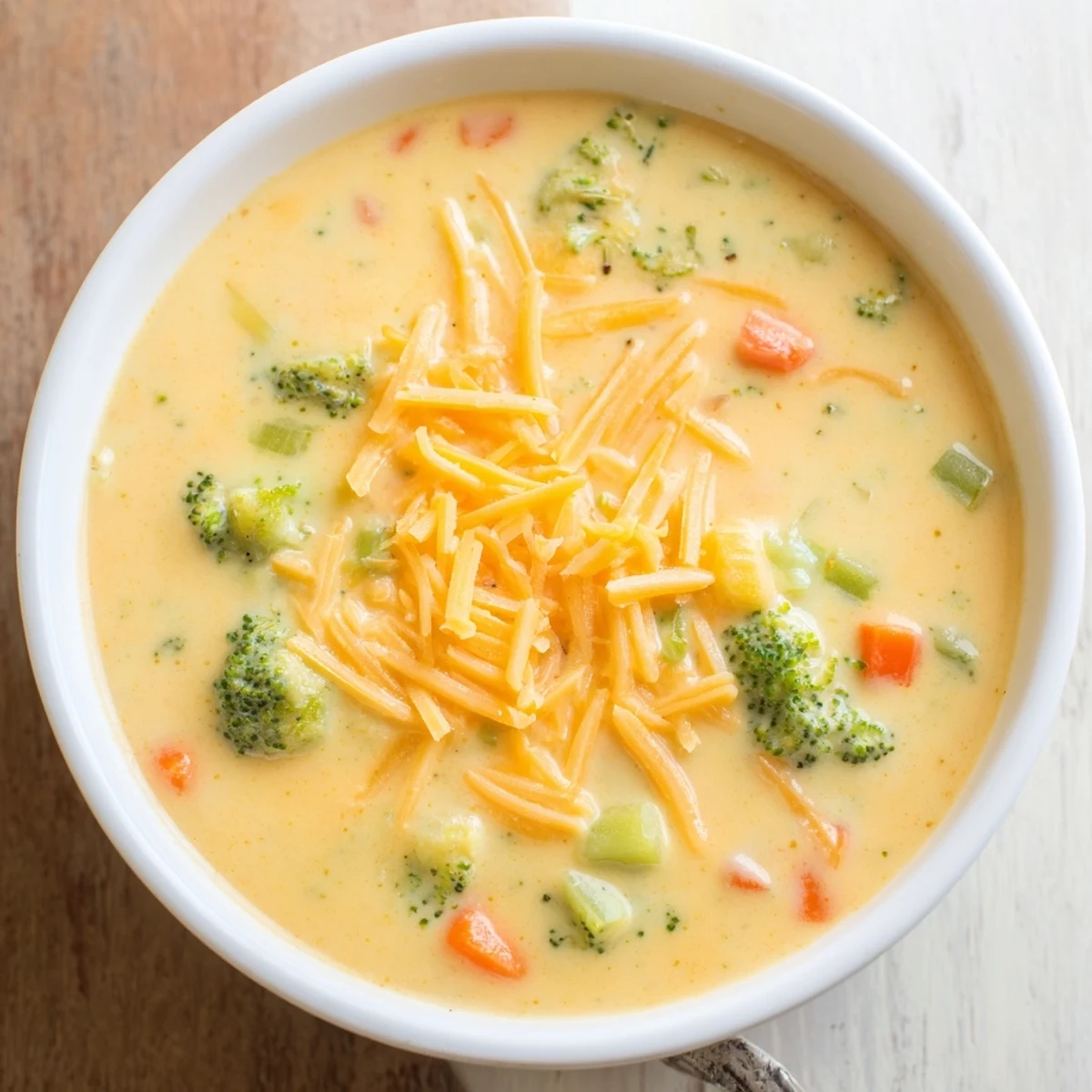 Steam rising from bowl of cheesy slow cooker broccoli cheddar soup with fresh garnish