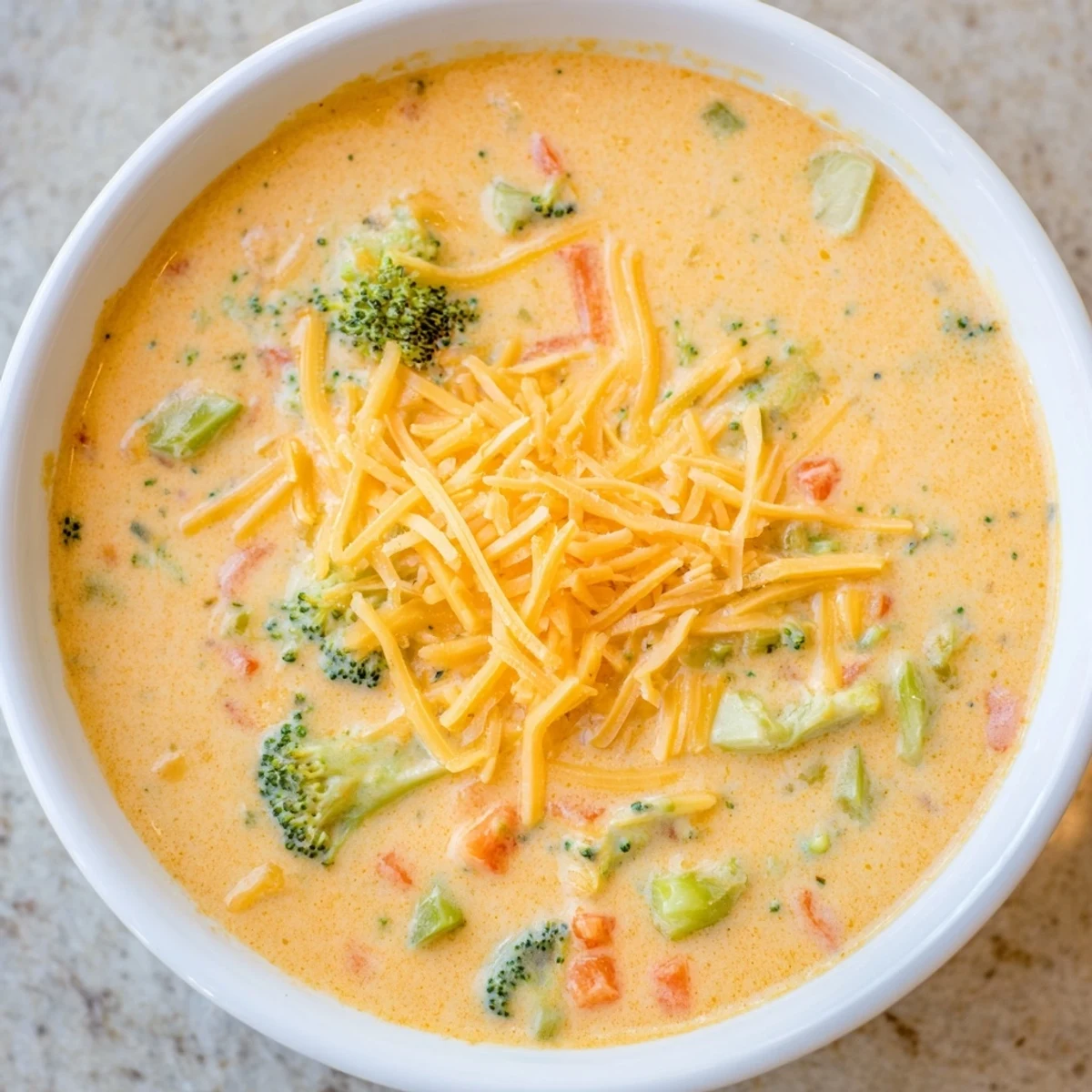 Golden broccoli florets floating in rich velvety slow cooker broccoli cheddar soup