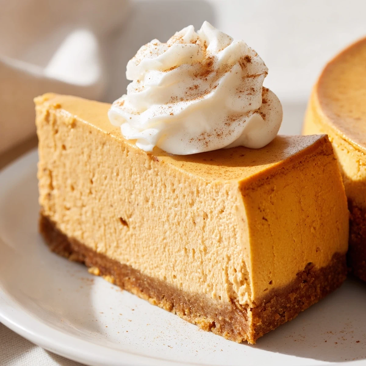 Creamy pumpkin spice Christmas cheesecake topped with swirls of whipped cream on a golden graham cracker crust
