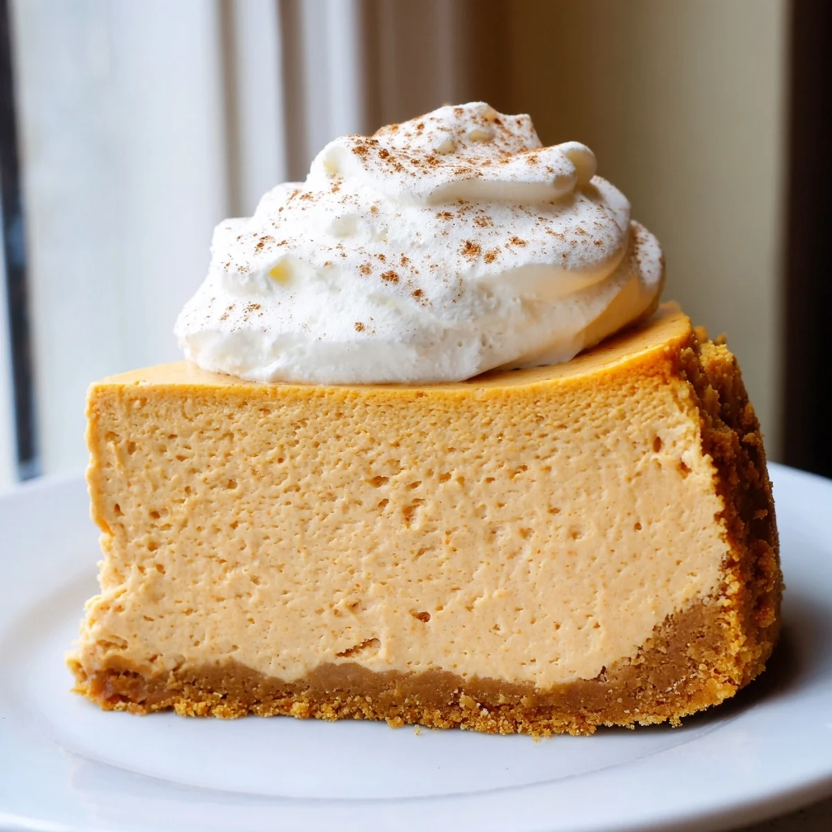 Slice of pumpkin spice Christmas cheesecake revealing layers of spiced filling and buttery crust on a dessert plate