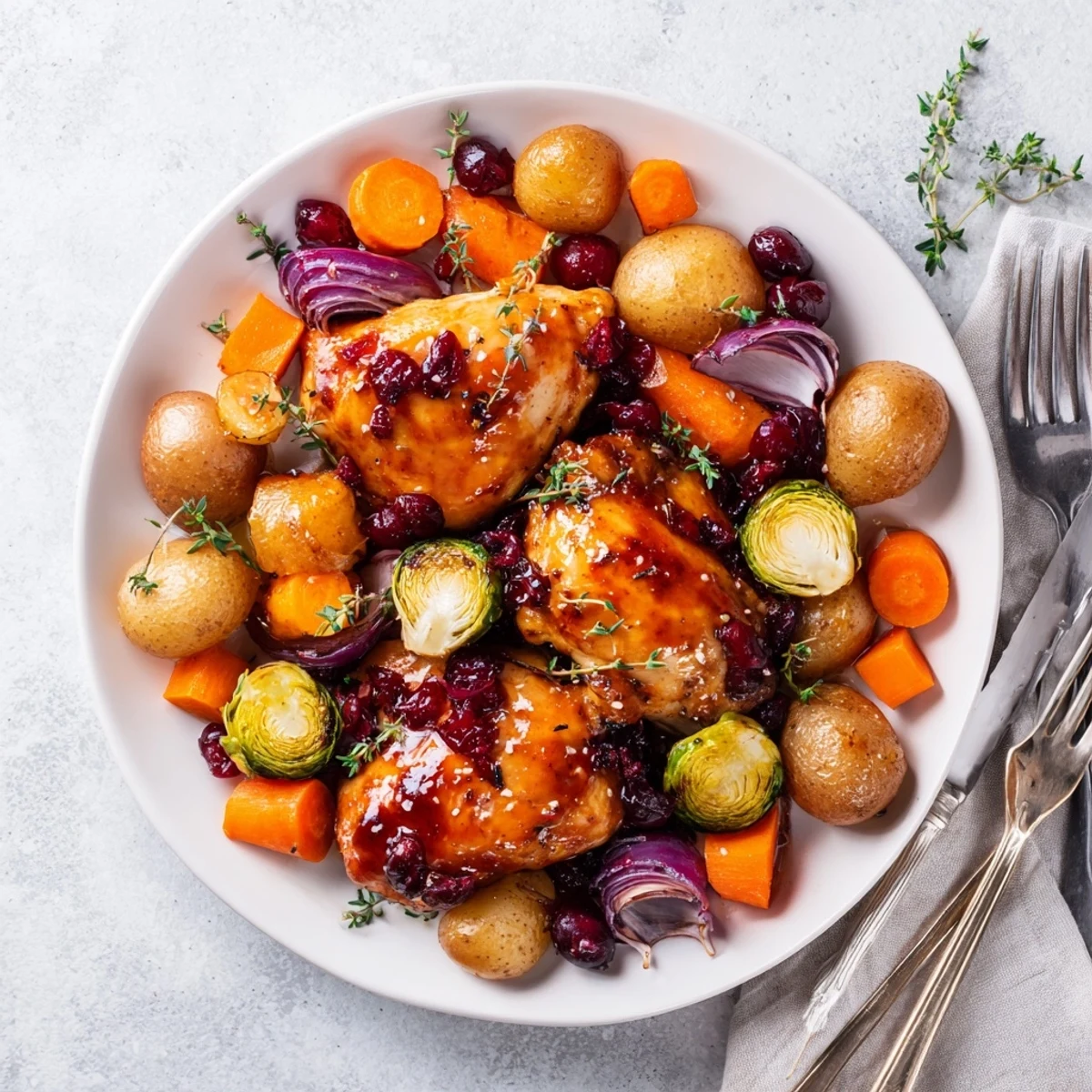 Golden roasted One Pan Honey Cranberry Chicken Veggies Dinner with glazed chicken and colorful vegetables on a baking sheet