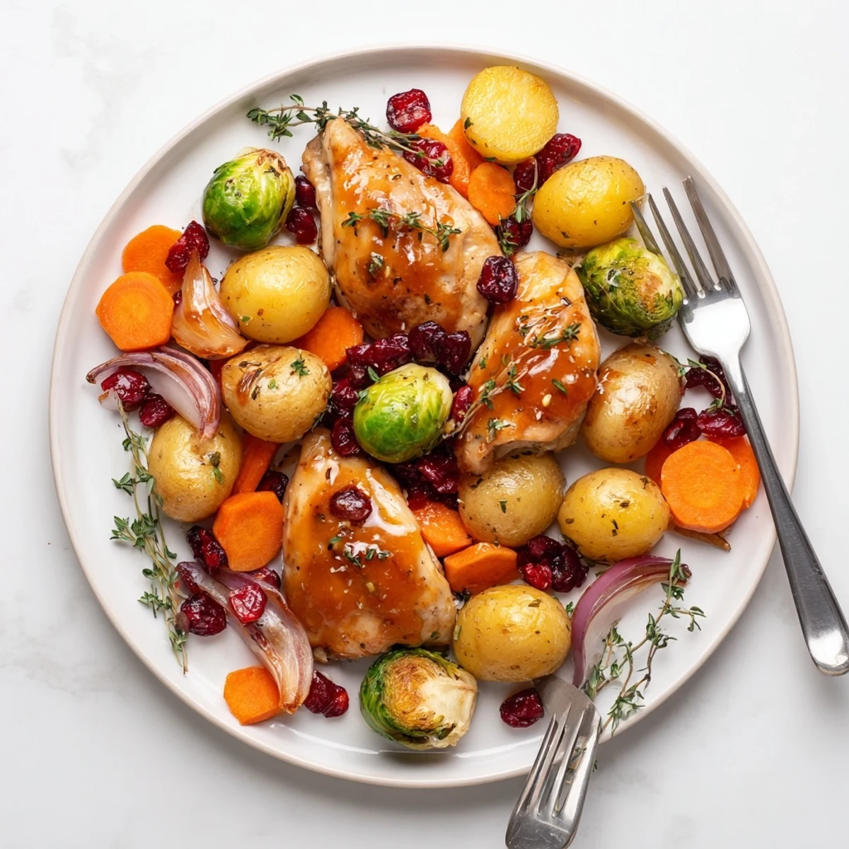 Juicy chicken breast glistening with honey cranberry glaze surrounded by tender Brussels sprouts and roasted potatoes