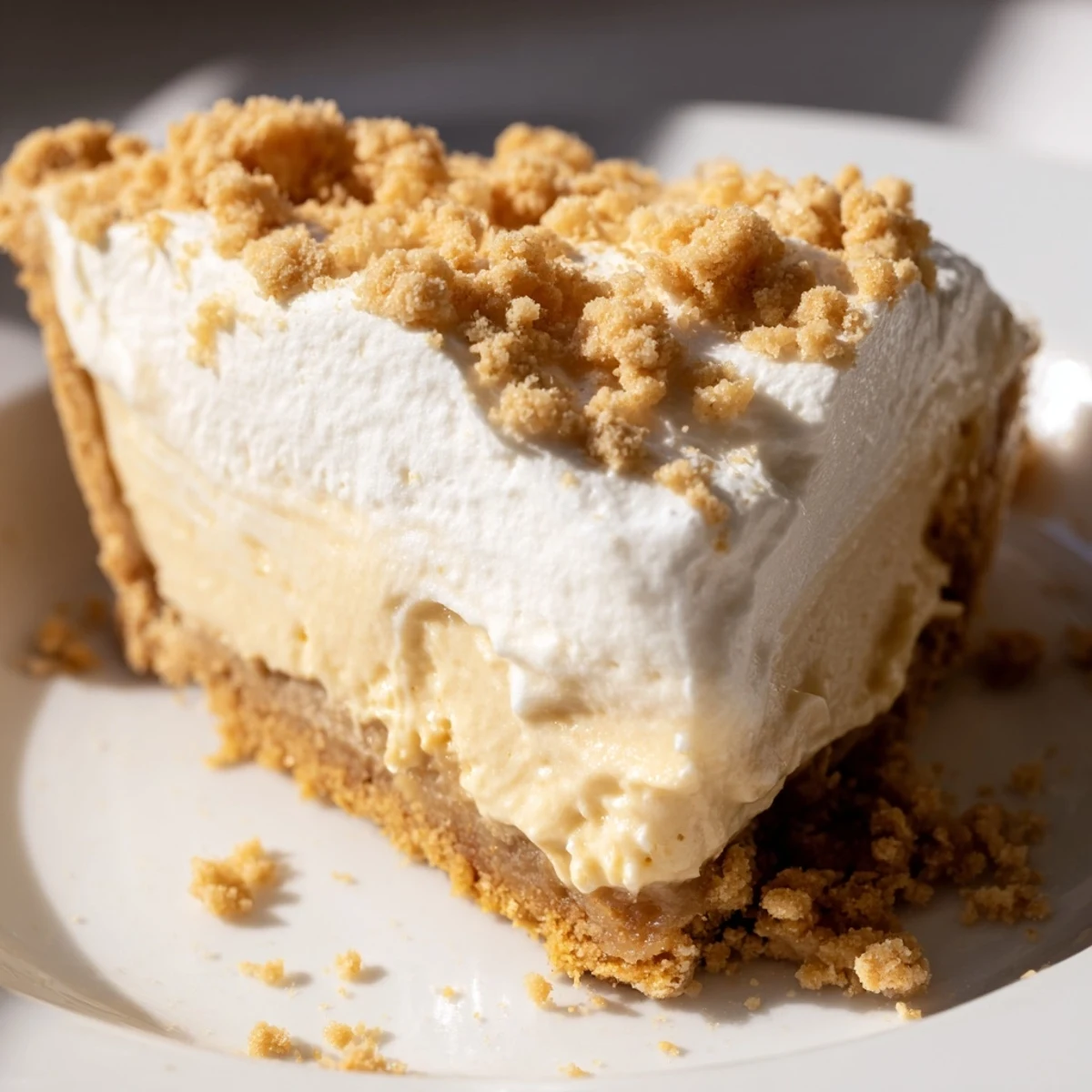 Creamy Amish Peanut Butter Dream Pie topped with whipped cream and golden crumbs in flaky crust