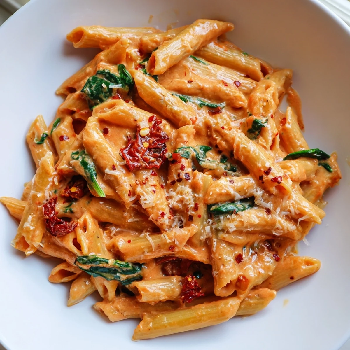 Creamy sun dried tomato spinach pasta in a rustic skillet with vibrant green leaves and rich sauce