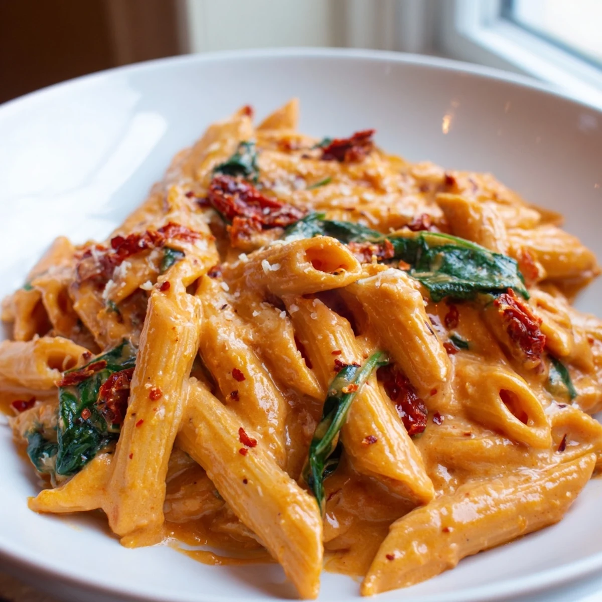One pan creamy sun dried tomato spinach pasta topped with grated Parmesan in a white bowl