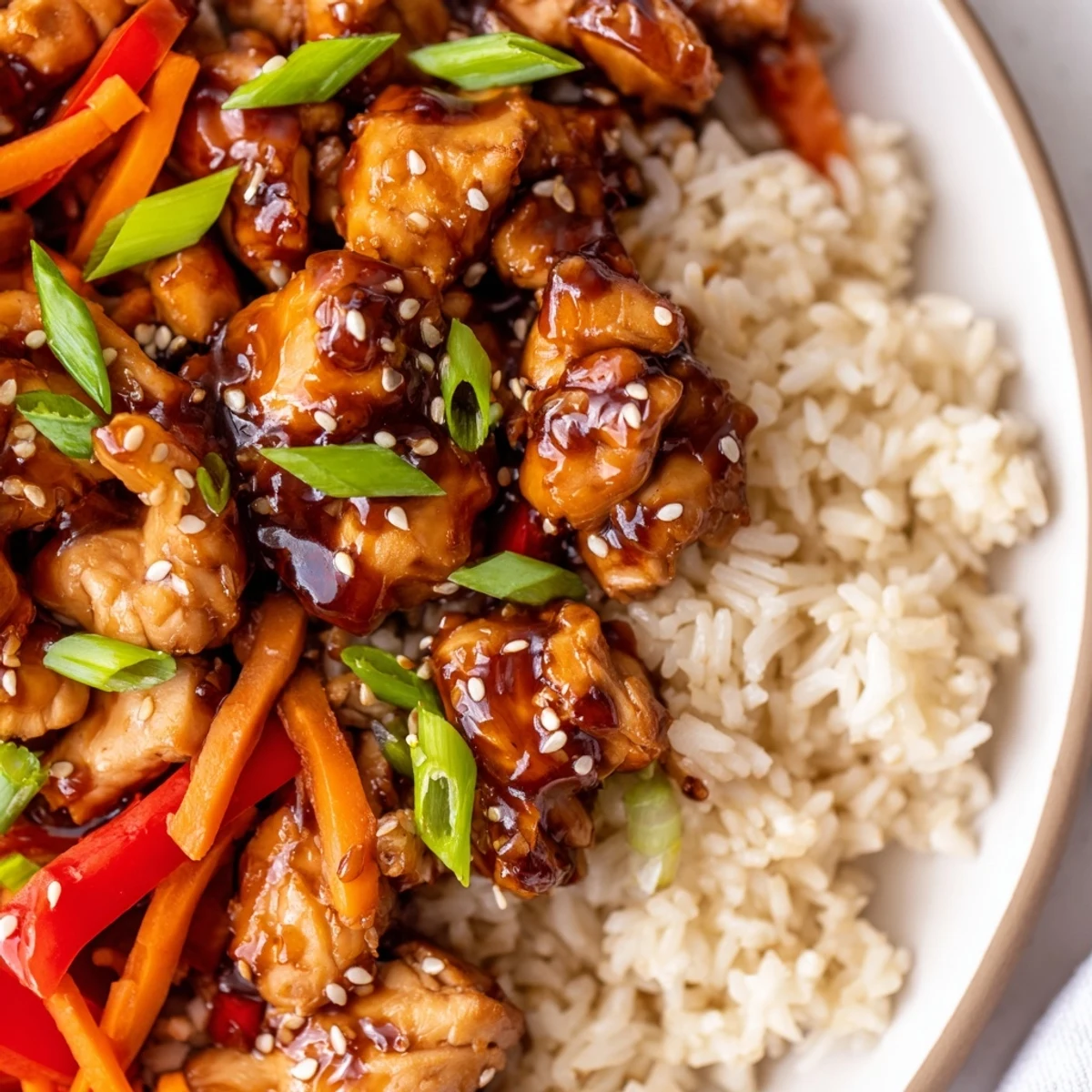 Glistening One Pan Korean BBQ Chicken and Rice in a cast iron skillet topped with sesame seeds