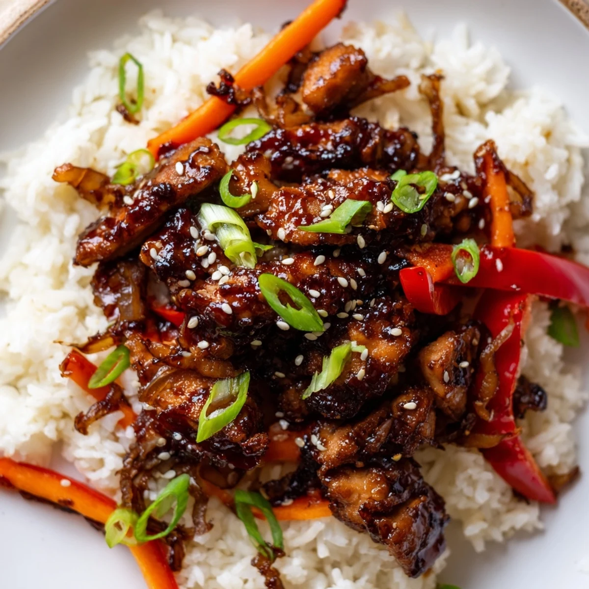 One Pan Korean BBQ Chicken and Rice with colorful bell peppers and carrots steaming hot