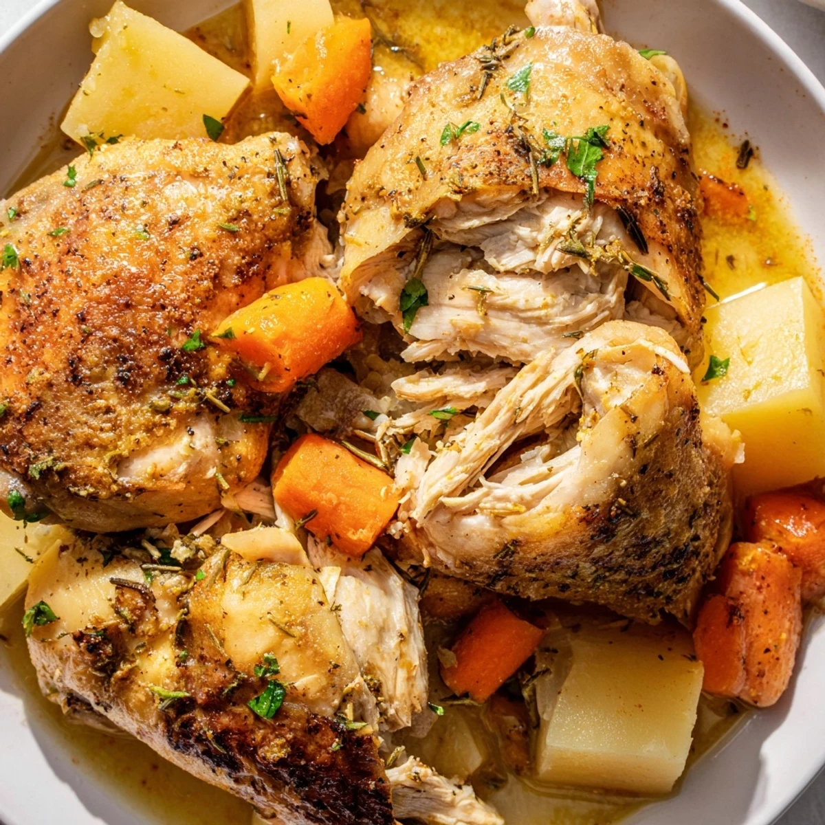 Tender slow cooker chicken dinner with carrots, potatoes, and savory herb sauce in a bowl