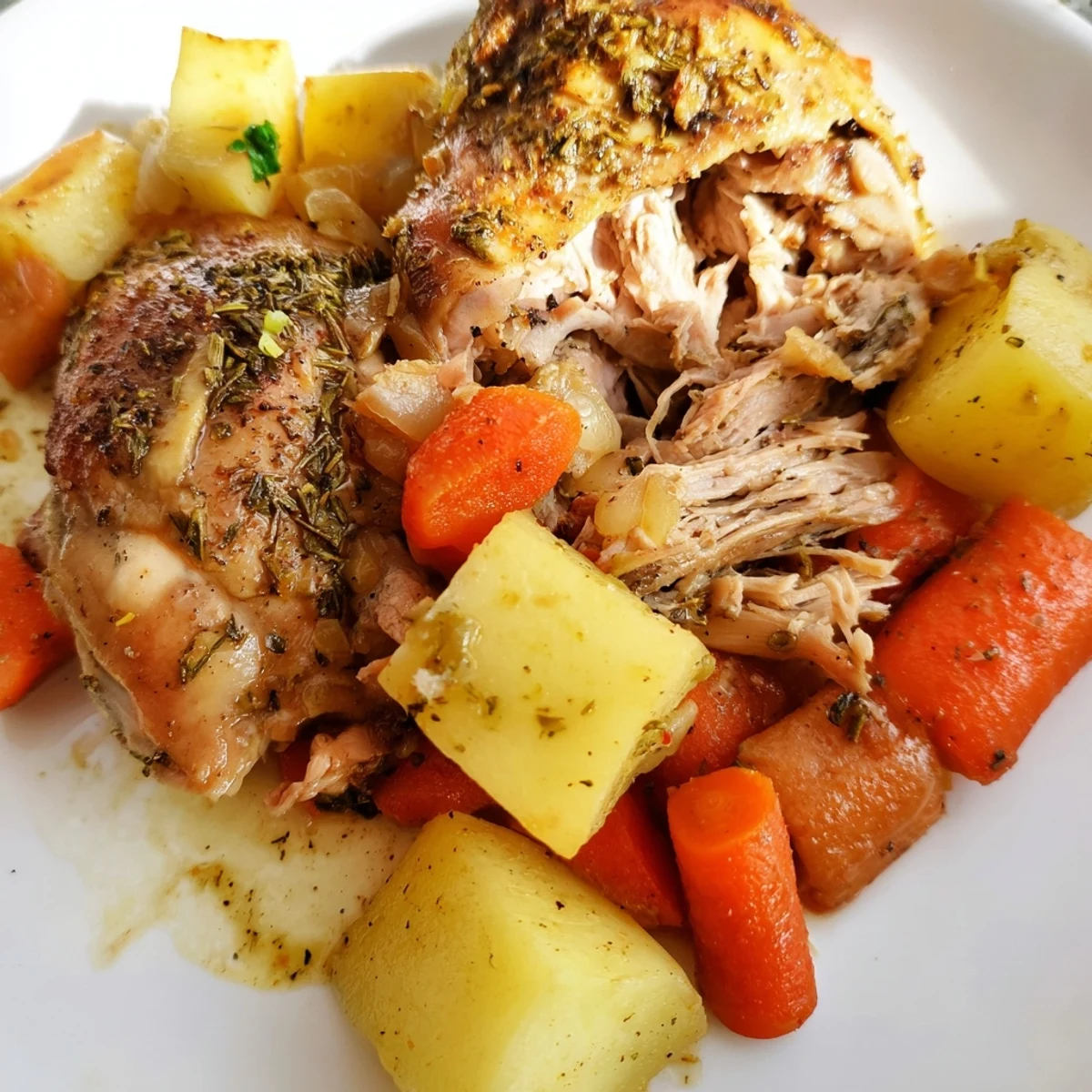 Golden slow cooker chicken dinner served over tender vegetables with fresh parsley garnish