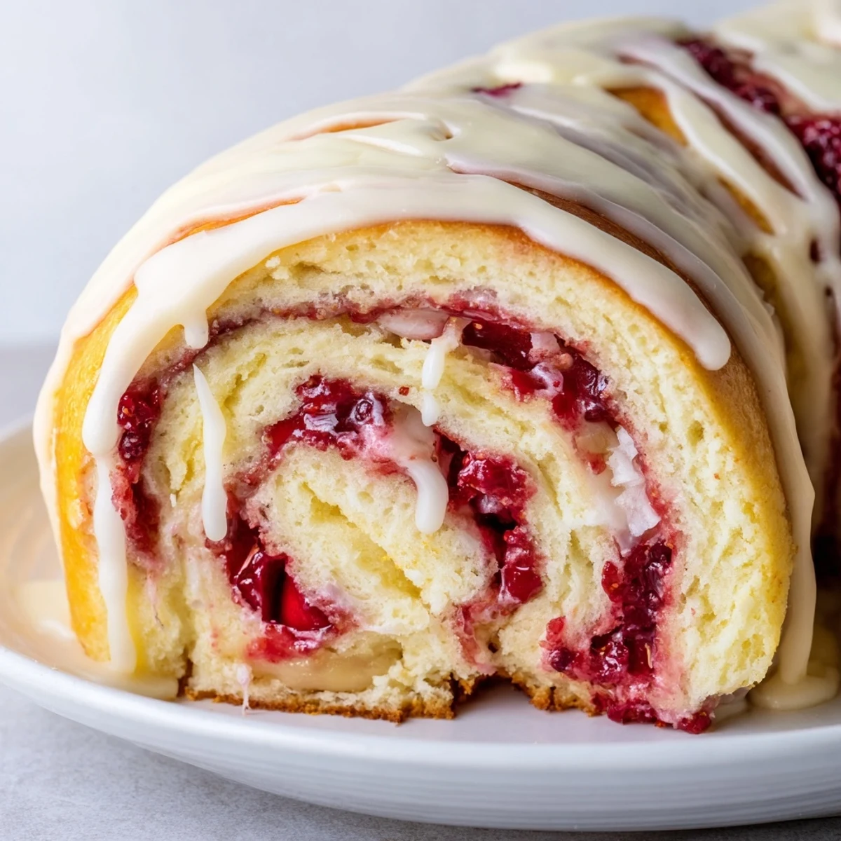 Golden Strawberry Shortcake Cheesecake Rolls drizzled with sweet vanilla glaze on a white plate