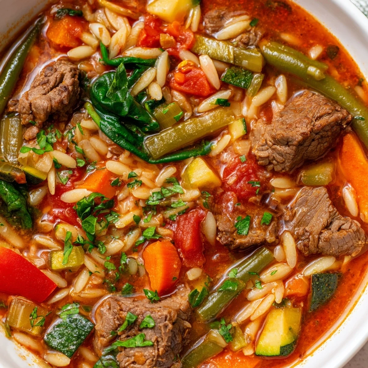 A comforting bowl of hearty beef and orzo soup loaded with colorful garden vegetables