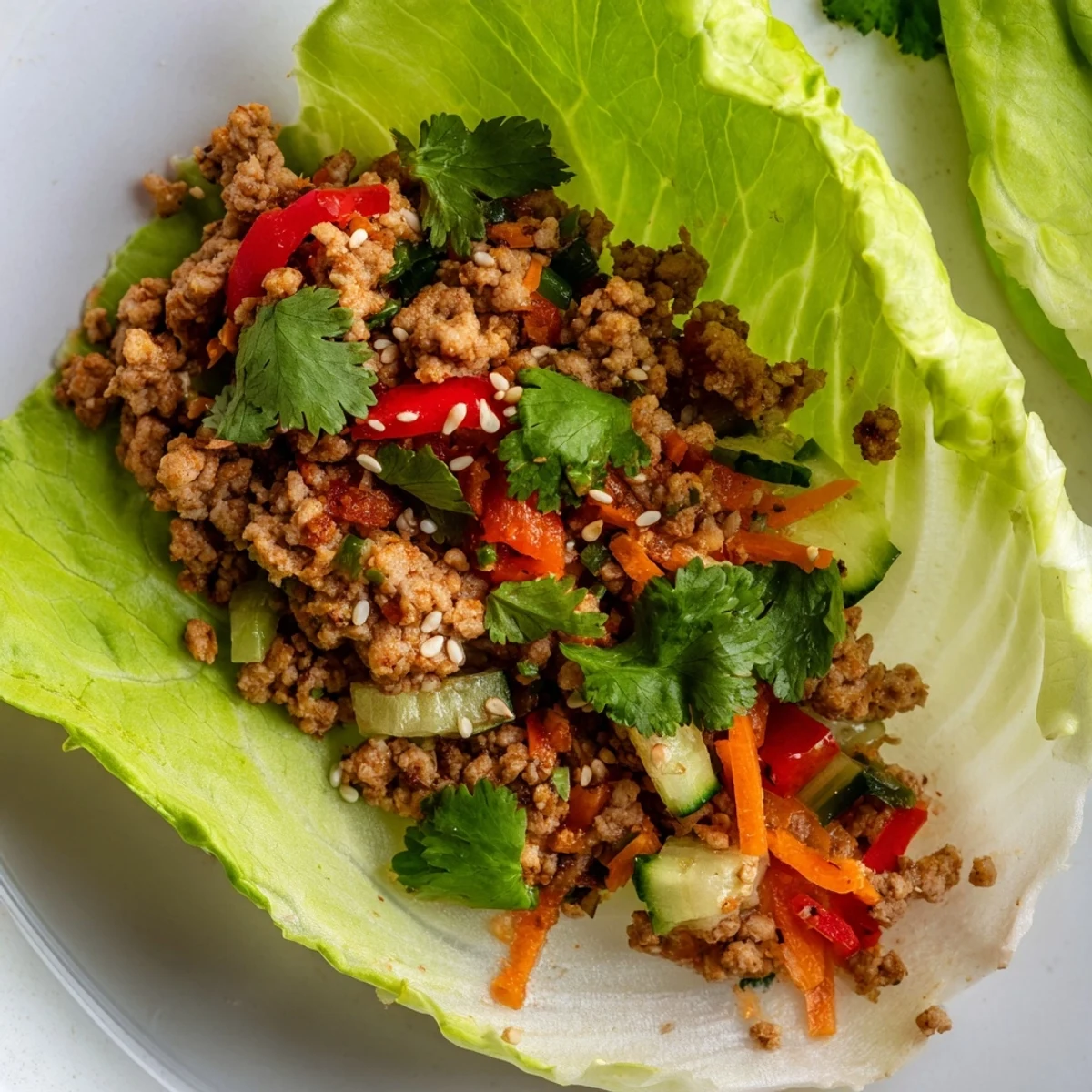 Healthy ground turkey lettuce wrap bowls topped with sesame seeds and lime