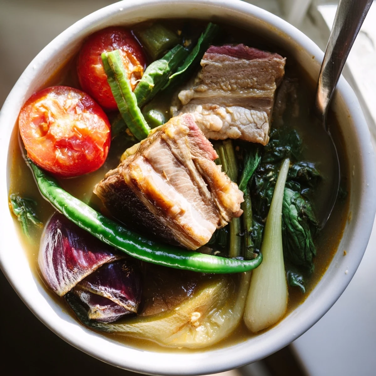 Steaming bowl of Filipino Sinigang sour soup with tender pork and fresh vegetables