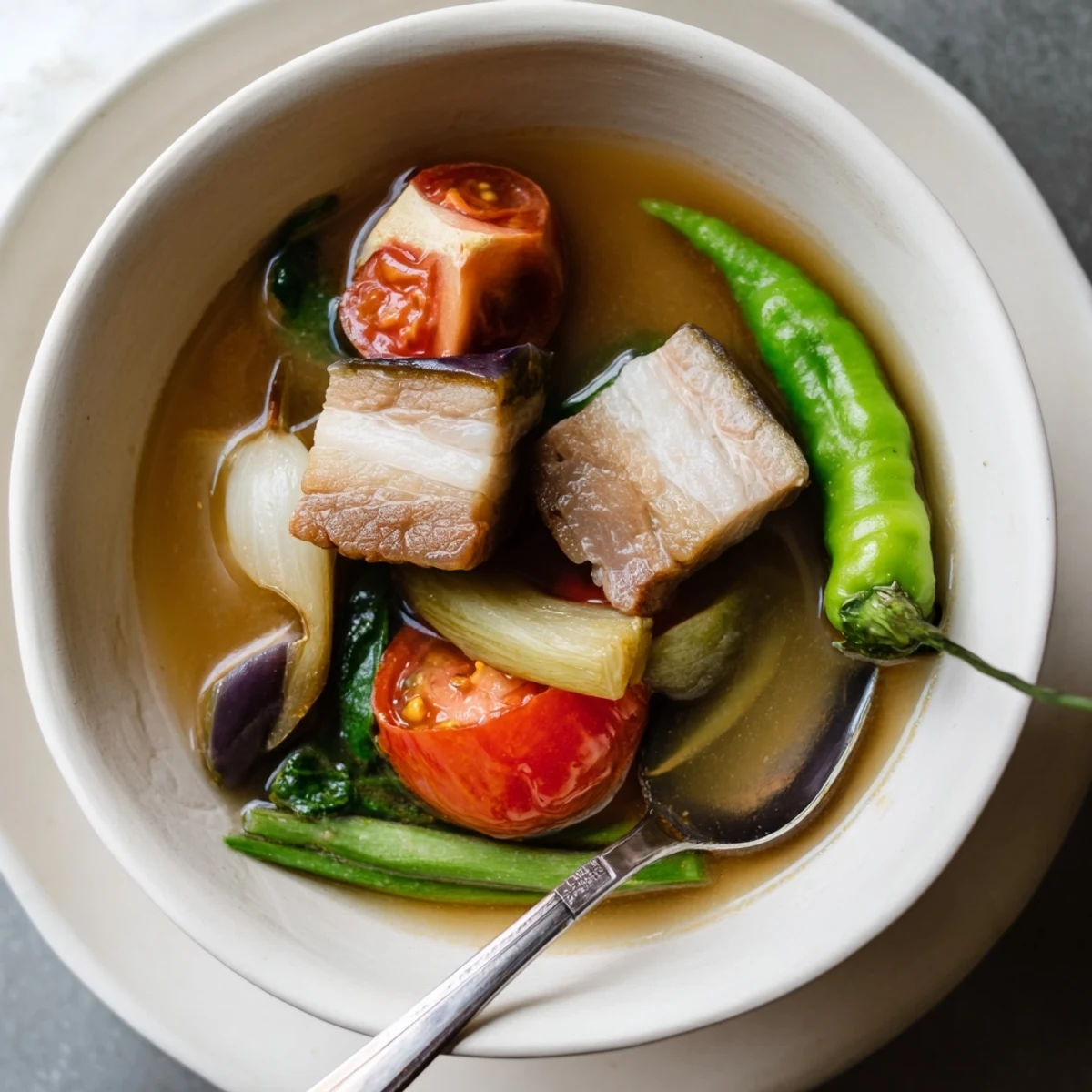 Filipino Sinigang sour soup featuring vibrant vegetables in tangy tamarind broth