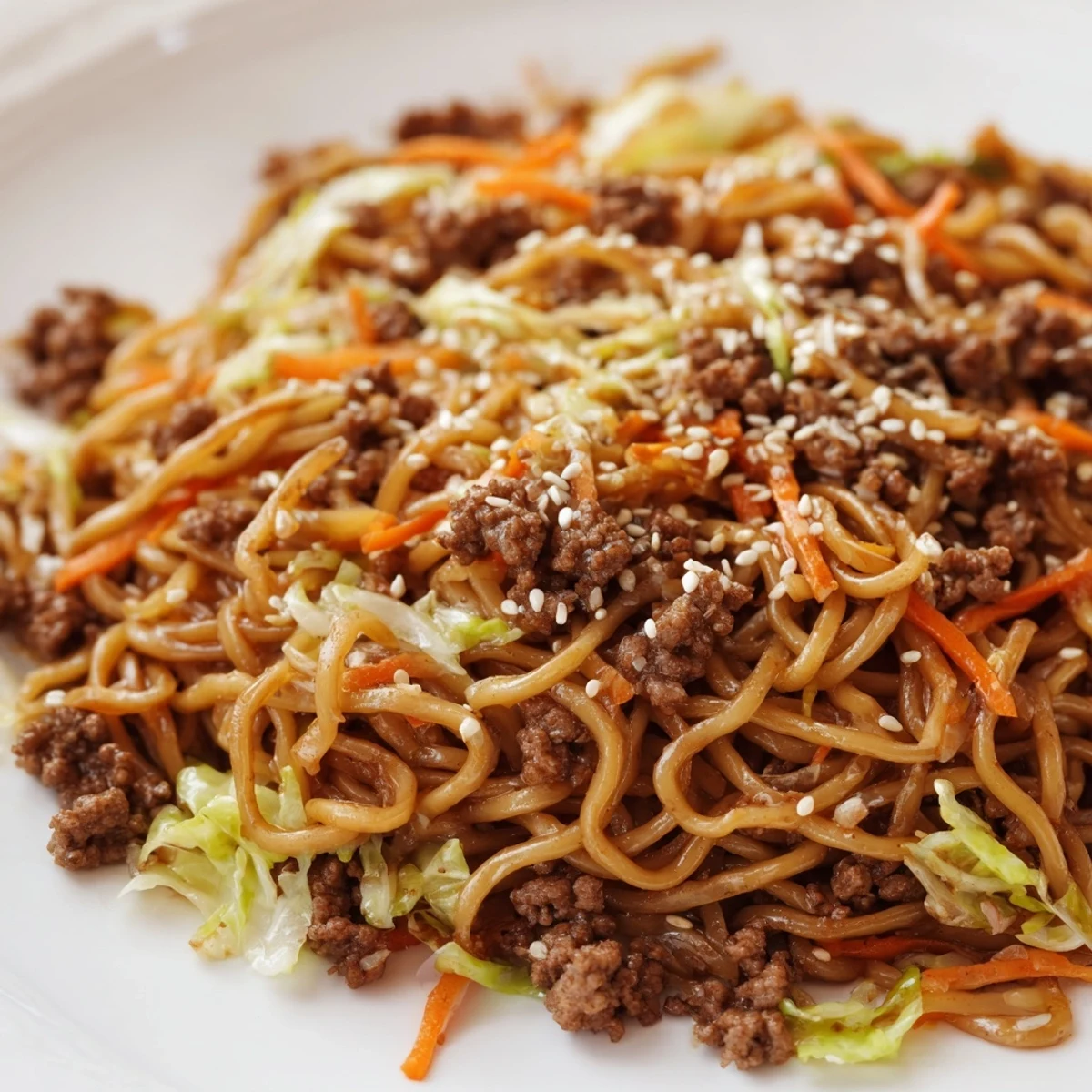 Asian ground beef noodles tossed with colorful crisp vegetables in a savory glossy sauce