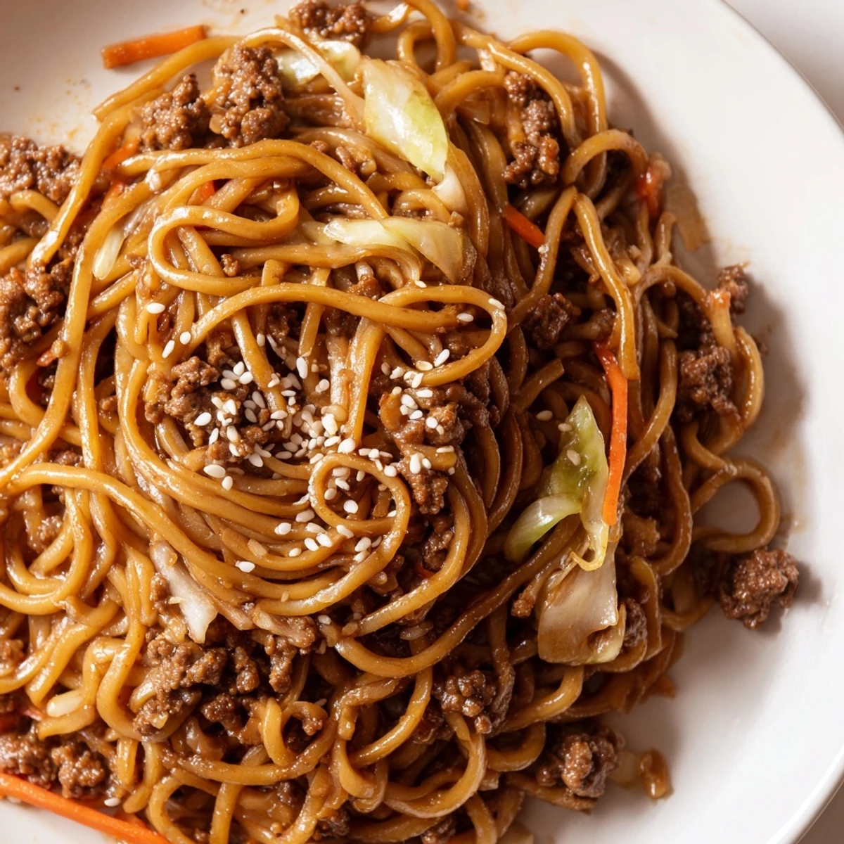 Steaming plate of Asian ground beef noodles topped with sesame seeds and scallions